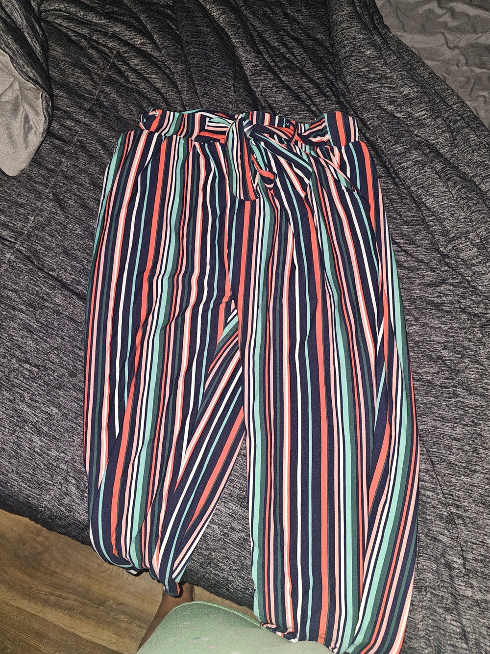 Women's Striped Pull-On Pants with Tie Waist - Navy, Coral & Mint